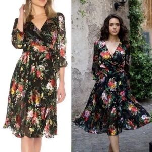 Alice + Olivia Floral Print Wrap Dress Black Multi NWT XS 0